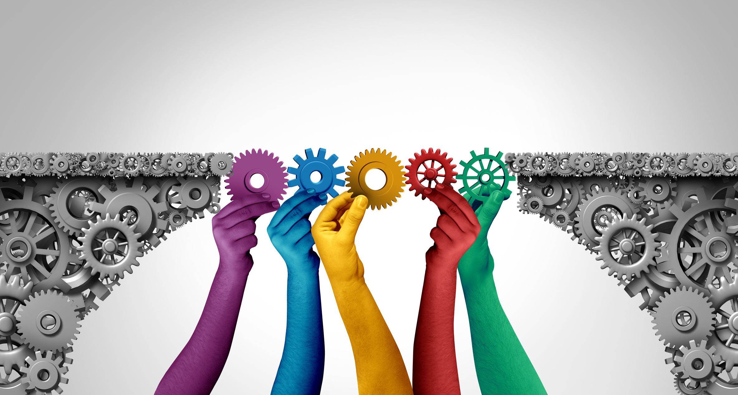 Multi-colored arms and hands, each holding a gear, extend to bridge a gap.