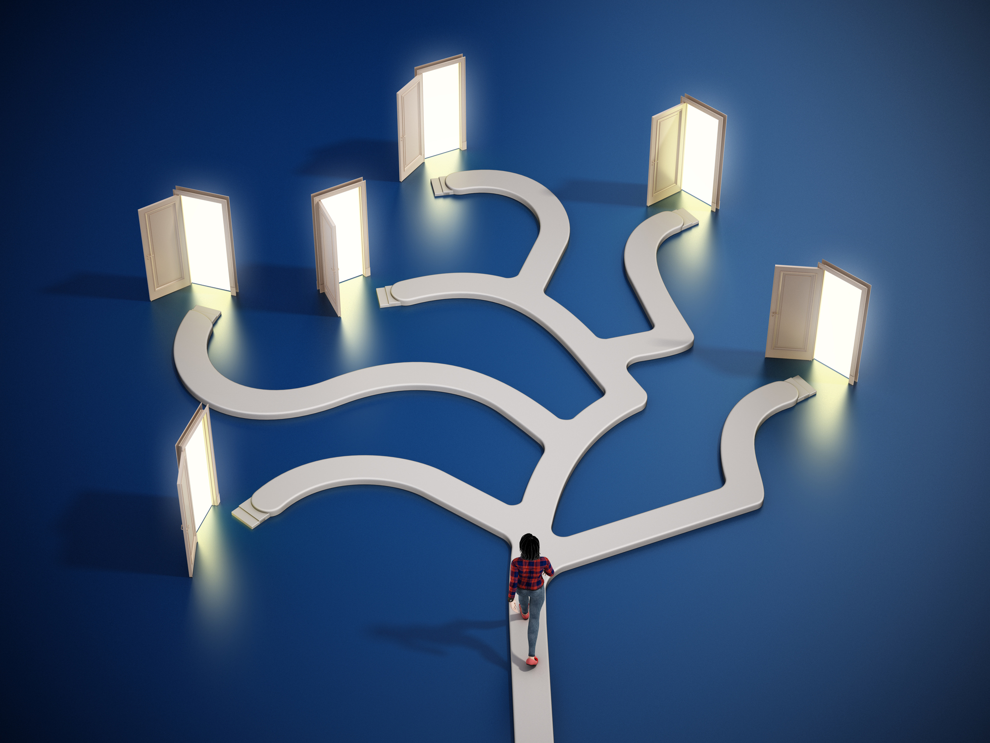 Person walking along a path that branches out to many open doors.