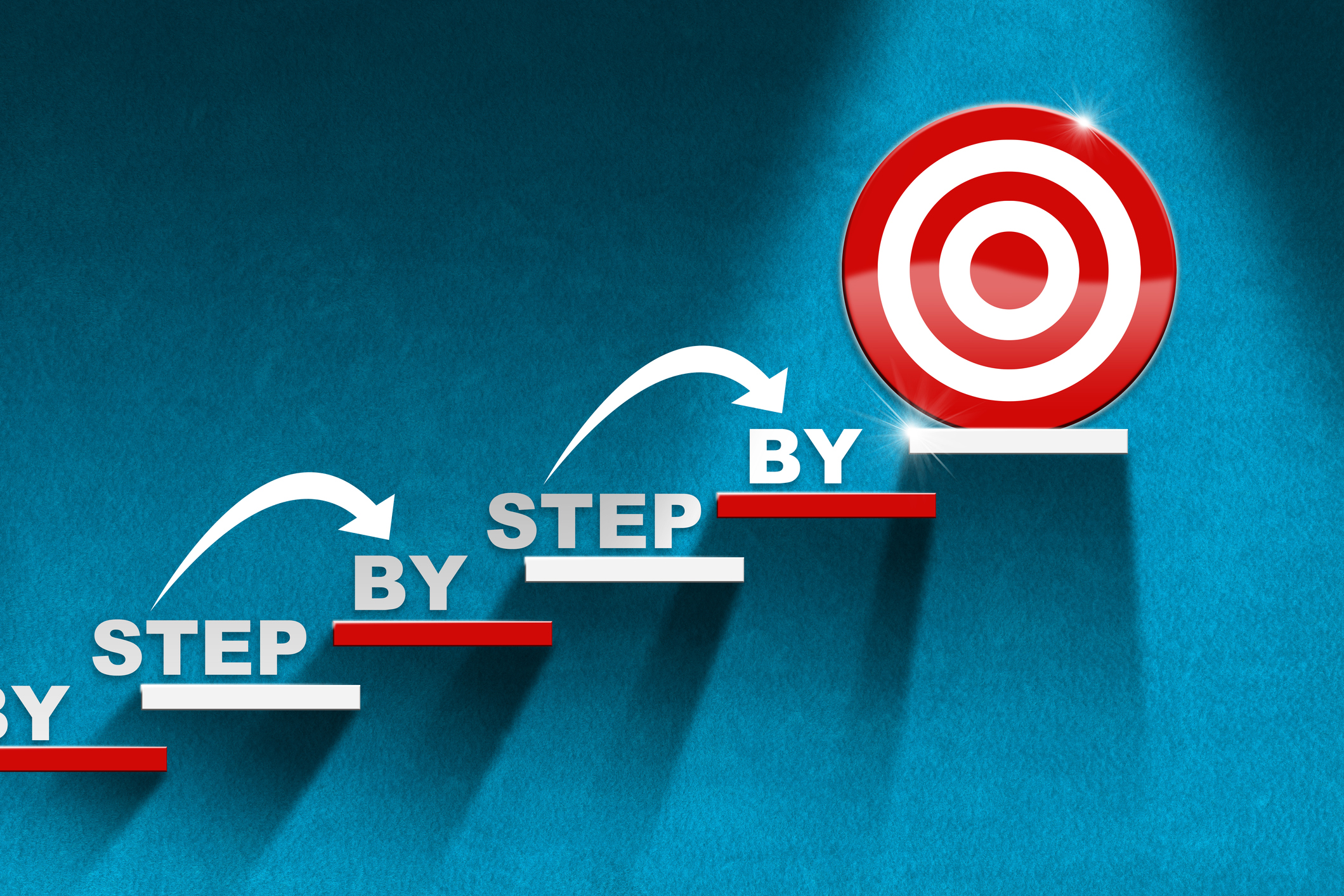 3D image of stairs with red and white steps on a blue wall with a target on the last step and text