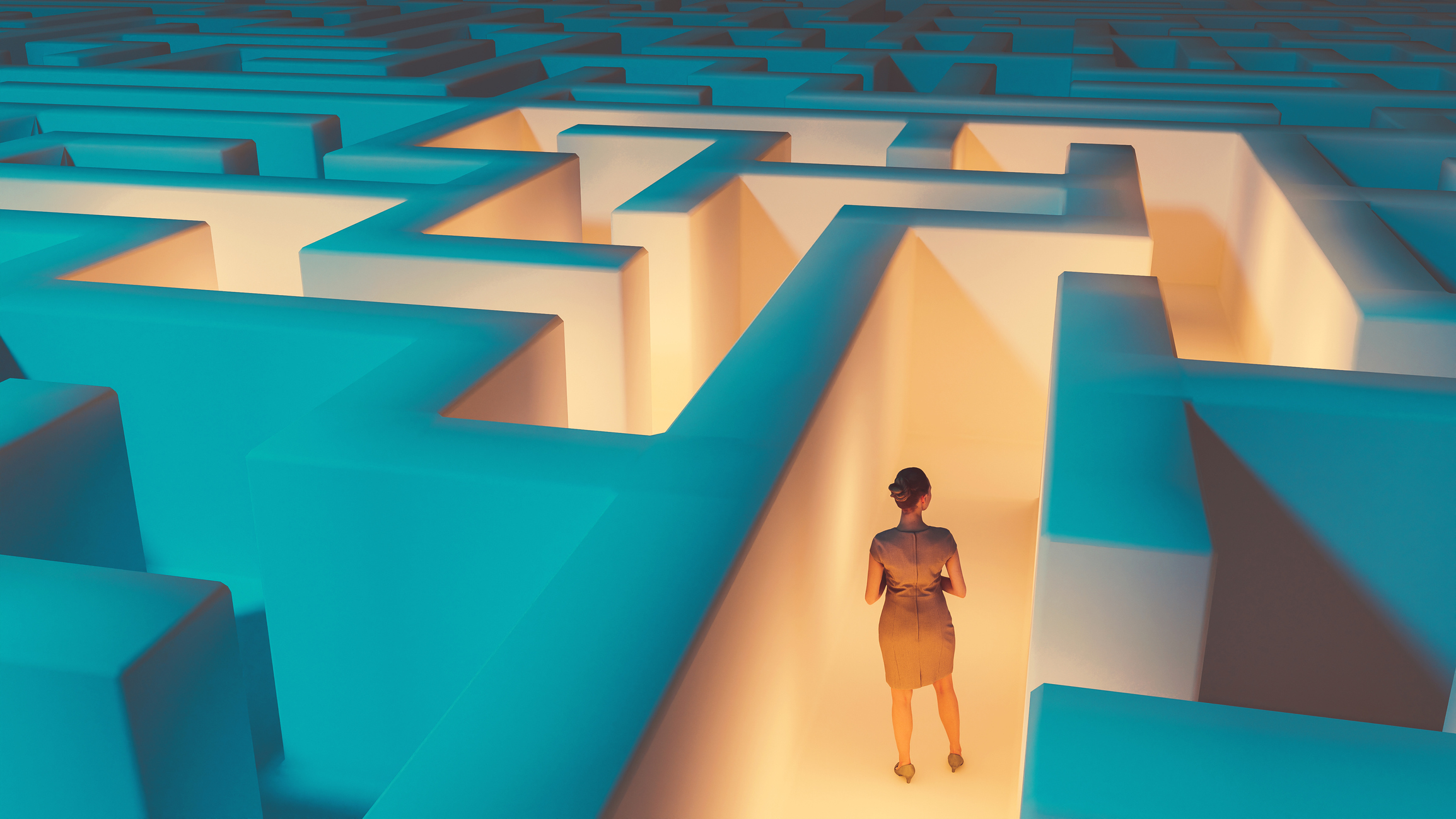 Woman in a maze, with the path illuminated.