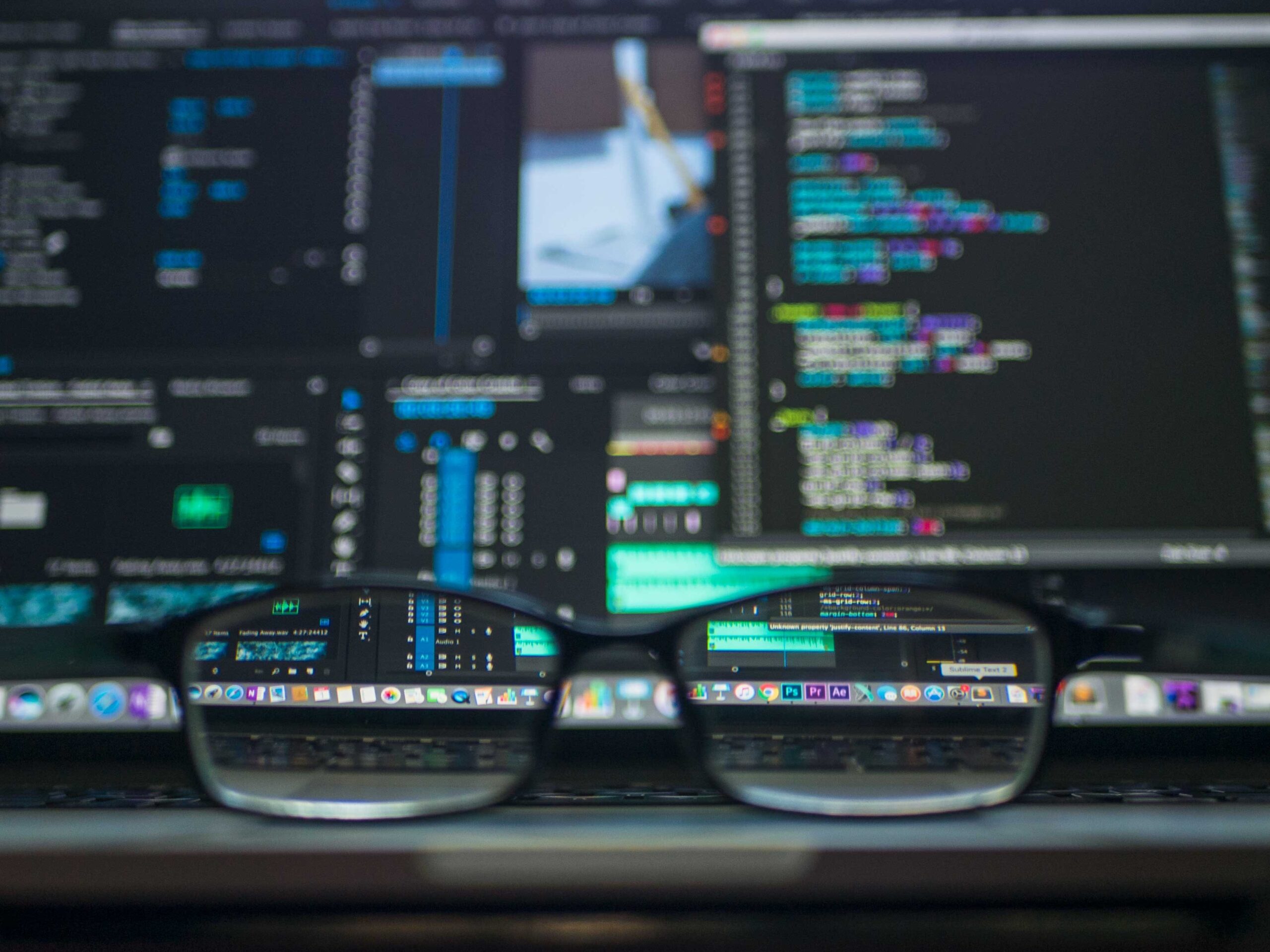 Eyeglasses resting on a desk in front of a bevy of computer monitors.