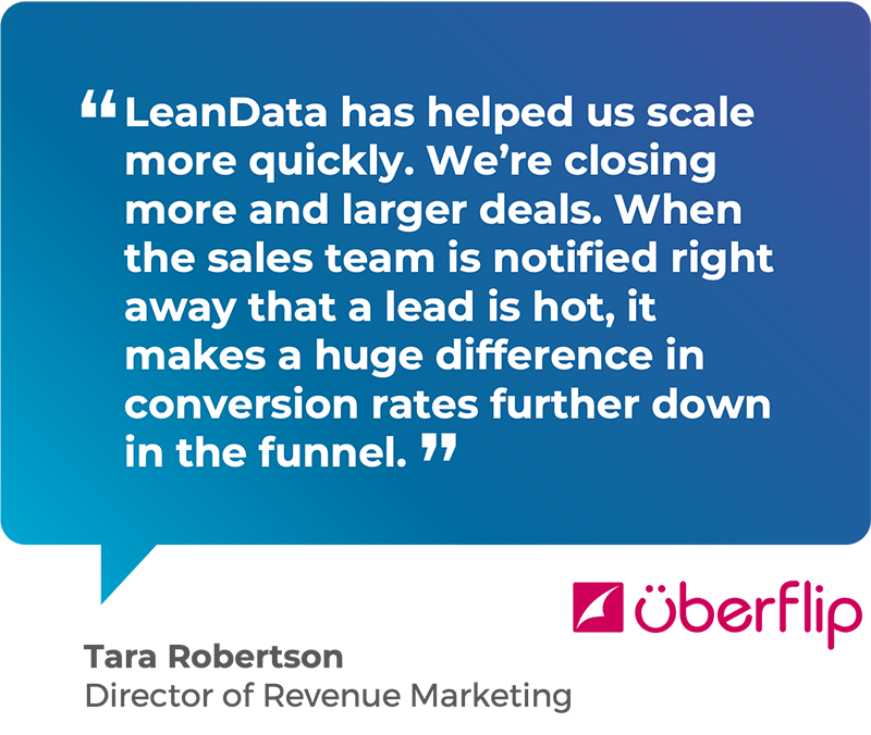 LeanData has helped us scale more quickly. We’re closing more and larger deals. When the sales team is notified right away that a lead is hot, it makes a huge difference in conversion rates further down in the funnel. - Tara Robertson, Director of Revenue Marketing, Uberflip