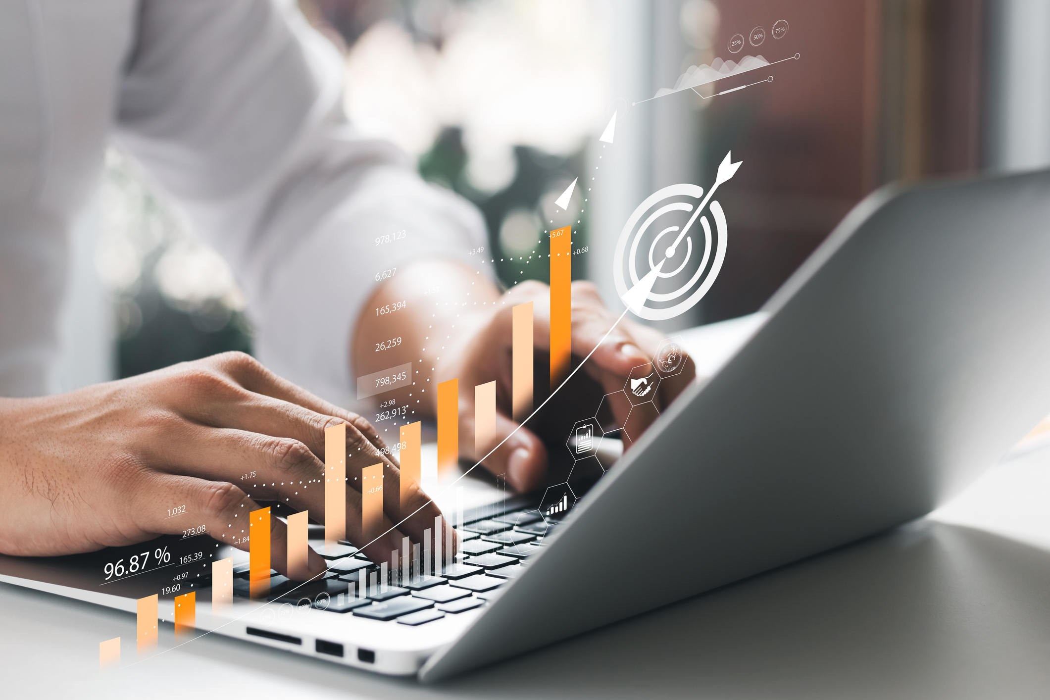 Businessman analyzing company's financial balance sheet working with digital augmented reality graphics.