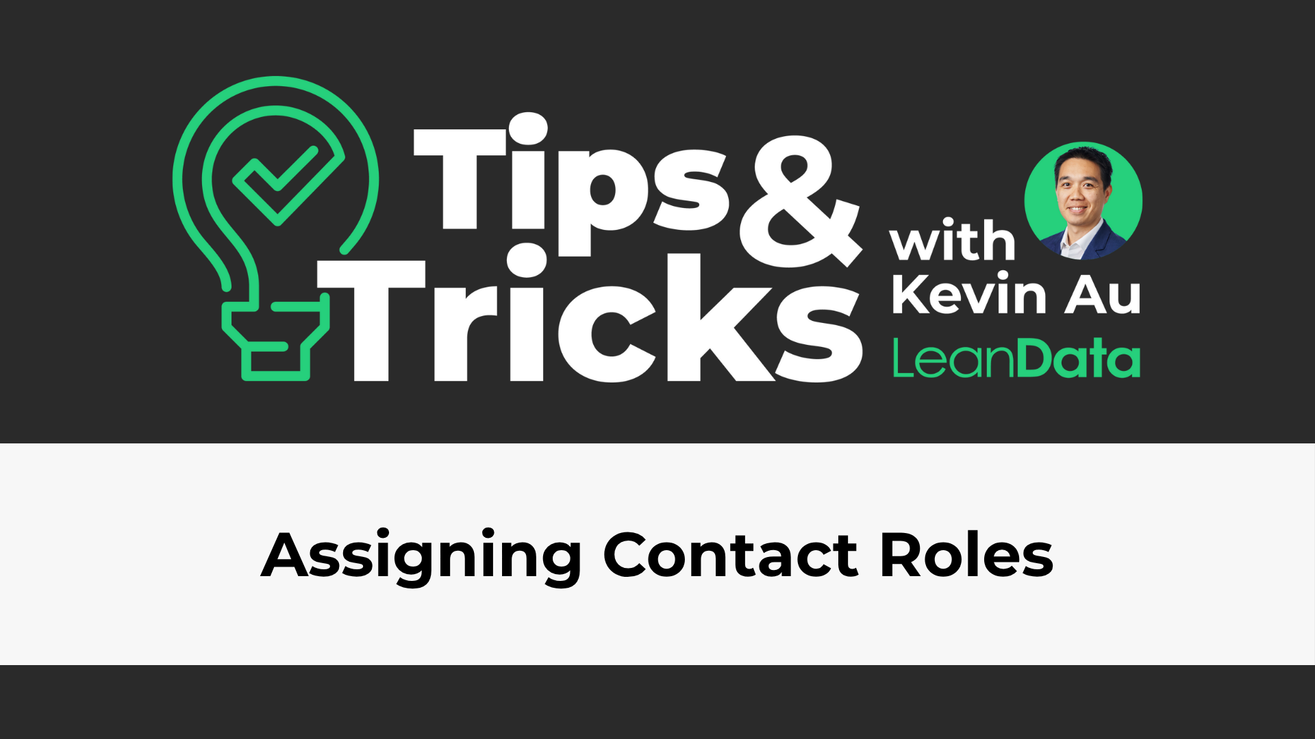 a rectangle with a green lightbulb and a leandata tips and tricks logo