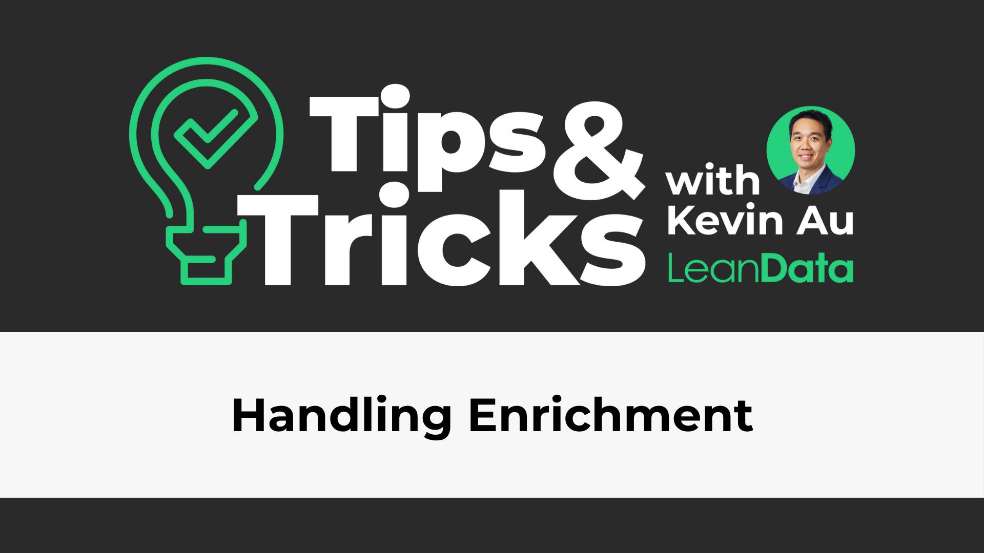 a rectangle with a green lightbulb and a leandata tips and tricks logo