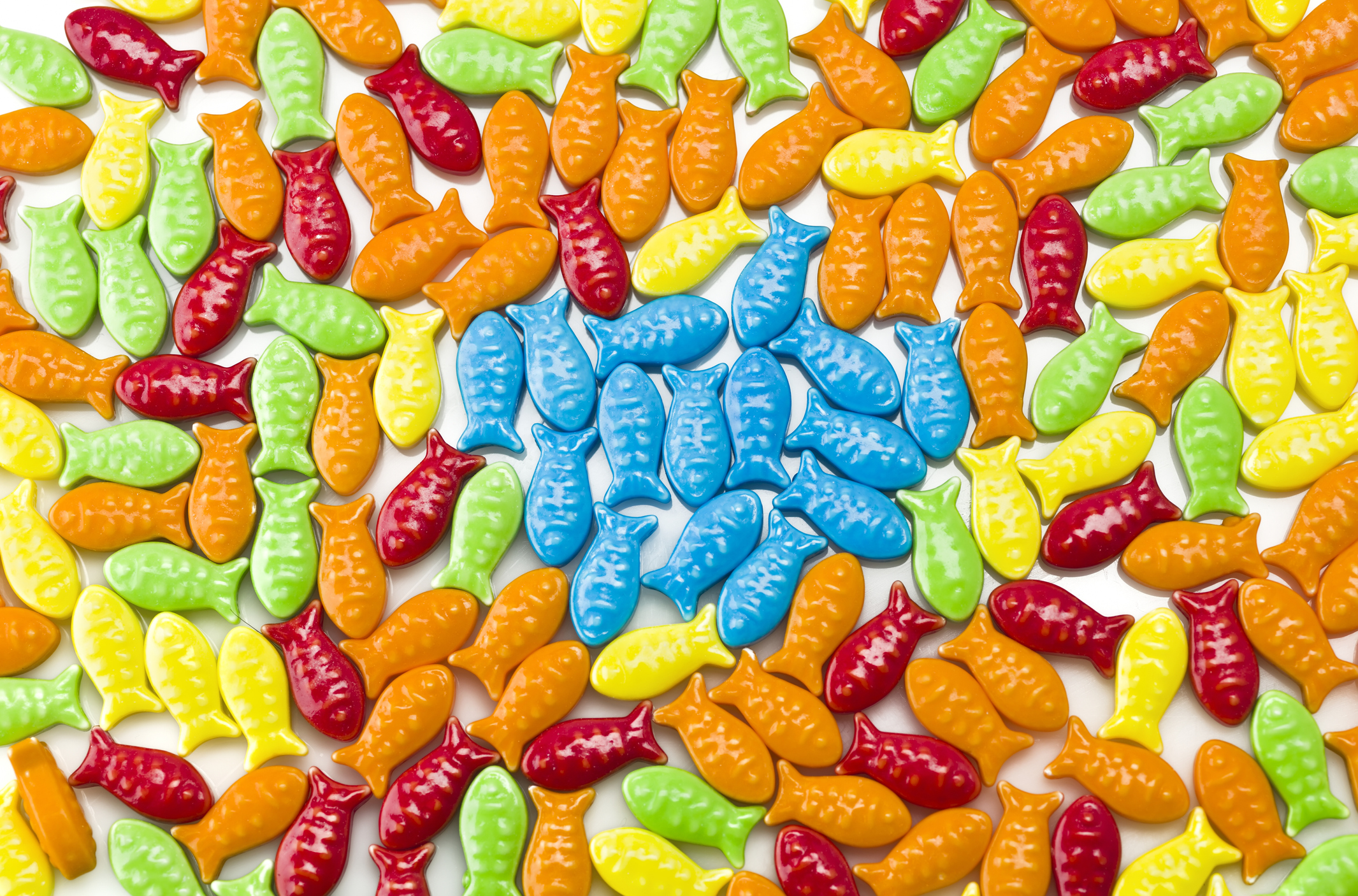 A group of blue fish-shaped snacks surrounded by different color fish-shaped snacks