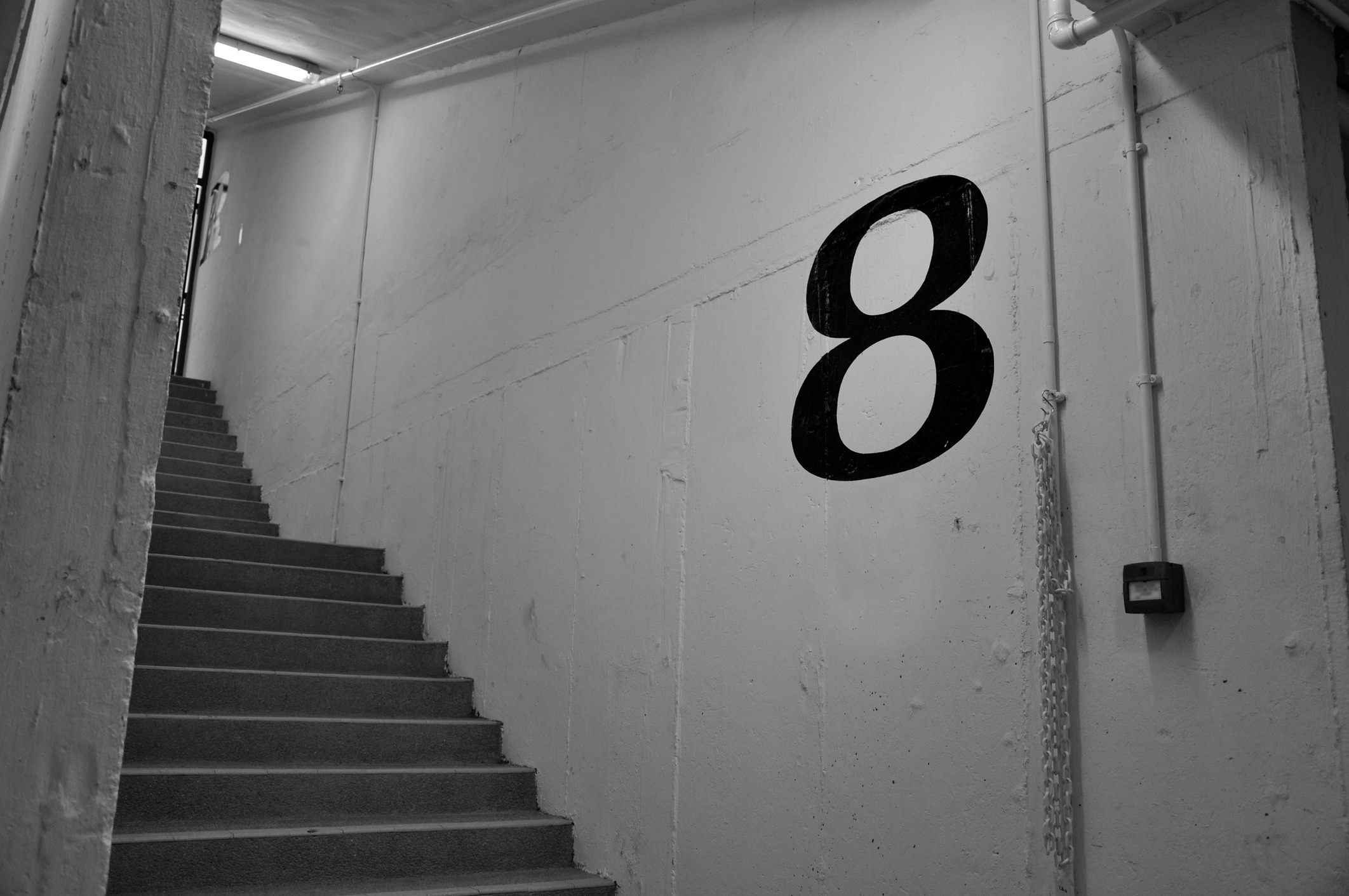 black and white Image of stairwell on the eighth floor