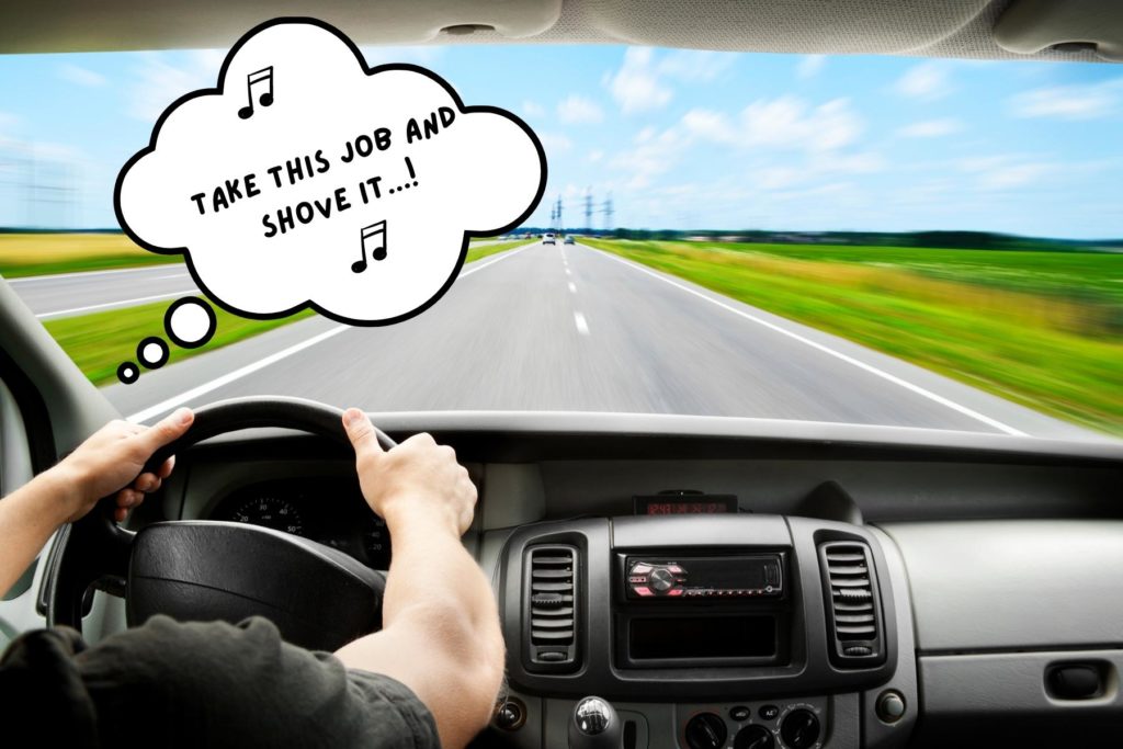 Image of driver's eye view, driving down the road, singing 