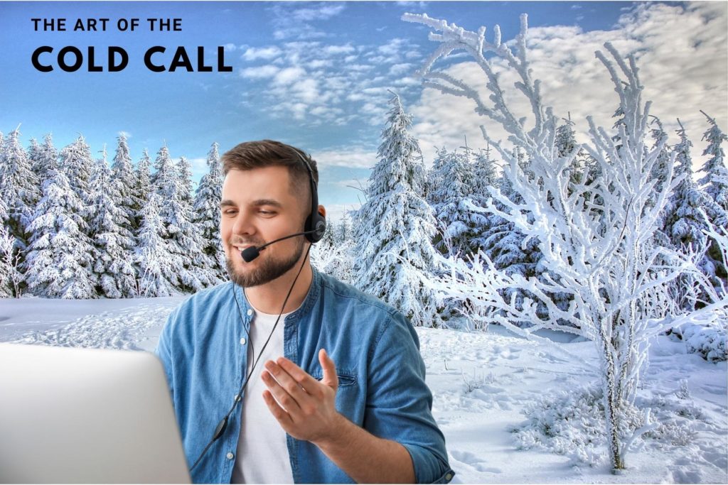 Image of a rep on the phone at his desk, with a snowy, cold background behind him and text reading, 