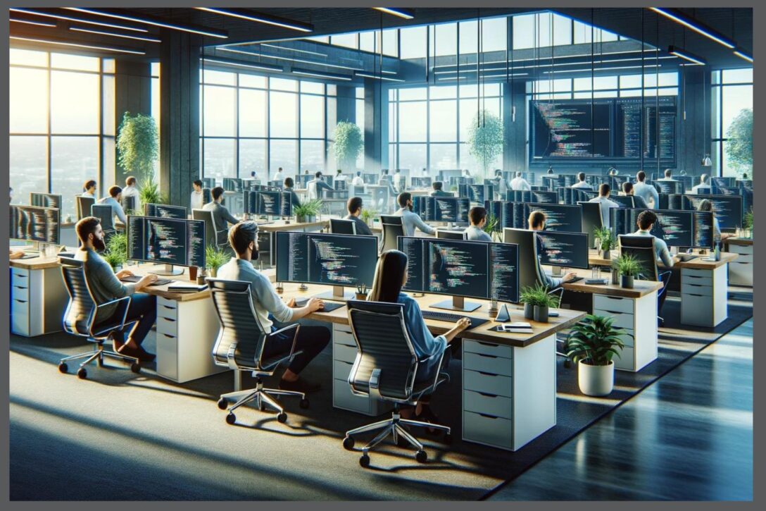 A modern office full of people sitting at desks while coding software programs