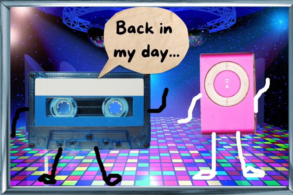 Image of a cassette tape speaking to an iPod, saying, 