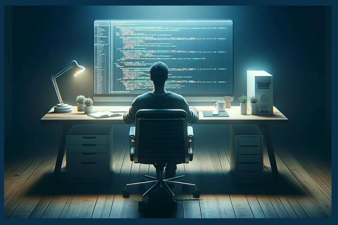 Salesforce developer coding on a large monitor