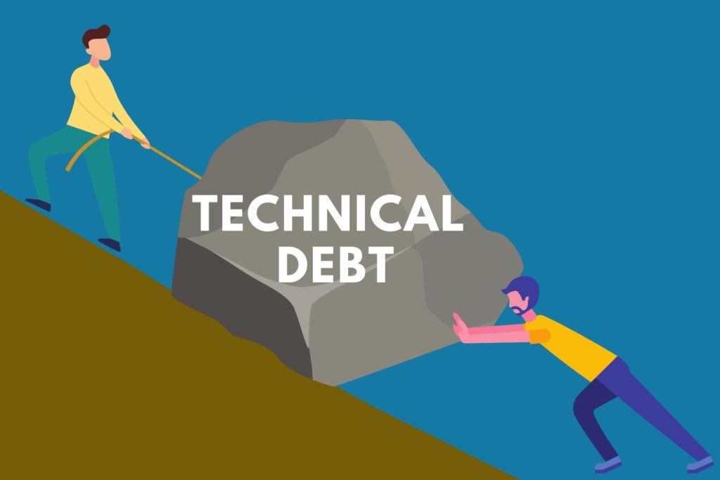 Cartoon image of two people pushing a rock labelled "Technical Debt" up a steep hill.