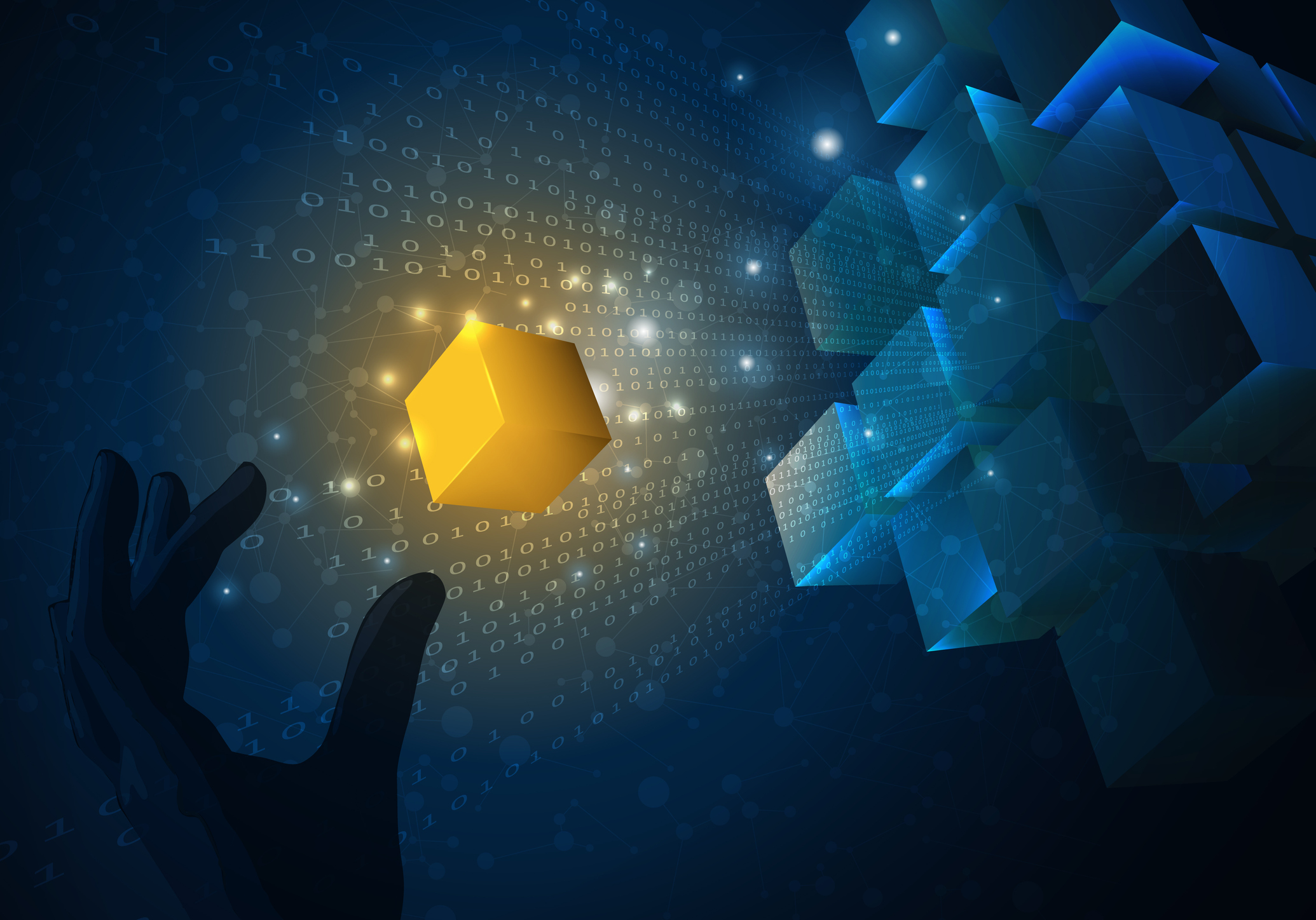 Small blue cubes come together to form the large cube data block and a hand places a golden cube data block