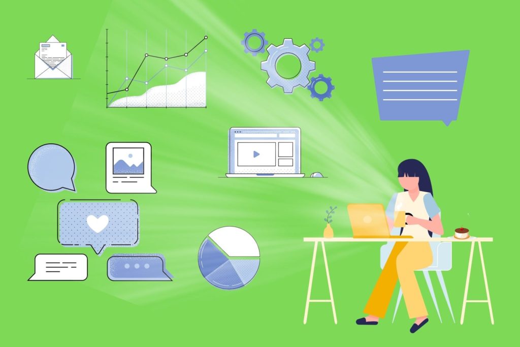 Woman working at a desk with many icons representing data points and buyer journey actions.