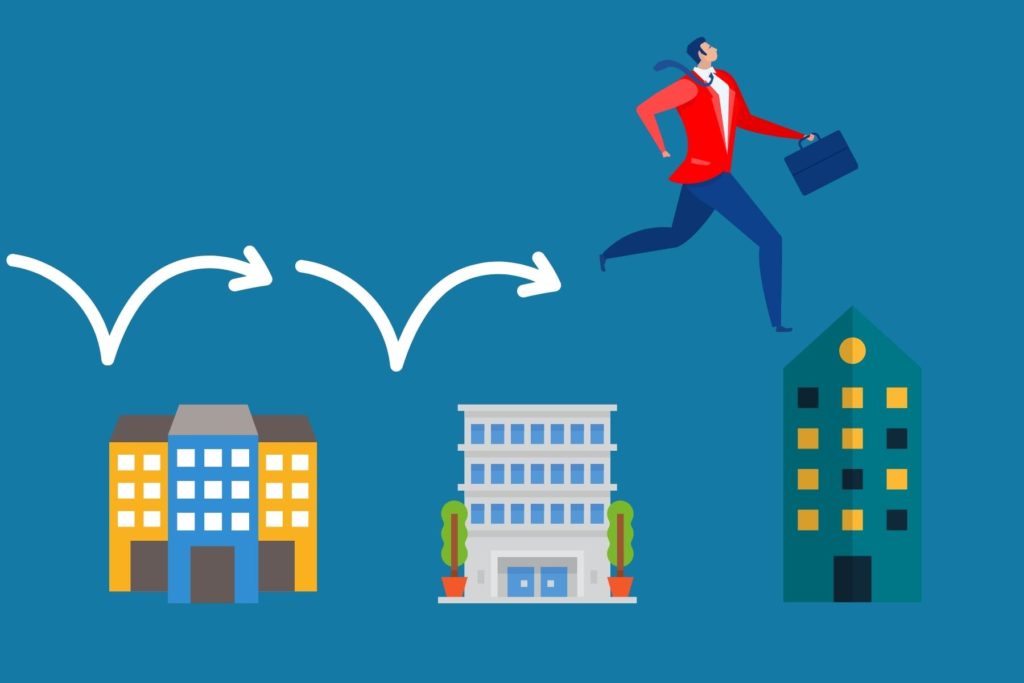Image of a business person jumping from one office building to another and onto yet a third.