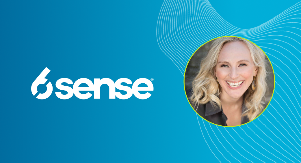 A blue rectangle with the headshot of Latane Conant next to a white logo for tech company 6sense