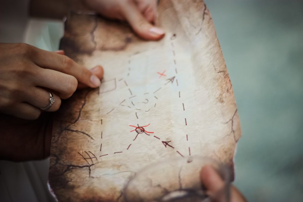 Treasure map with red lines and an 'X' marking 