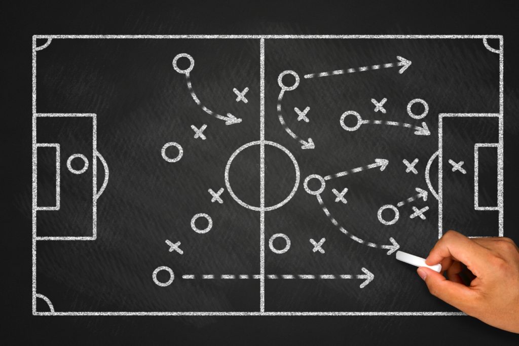 Chalkboard of a soccer/futbol play diagram.