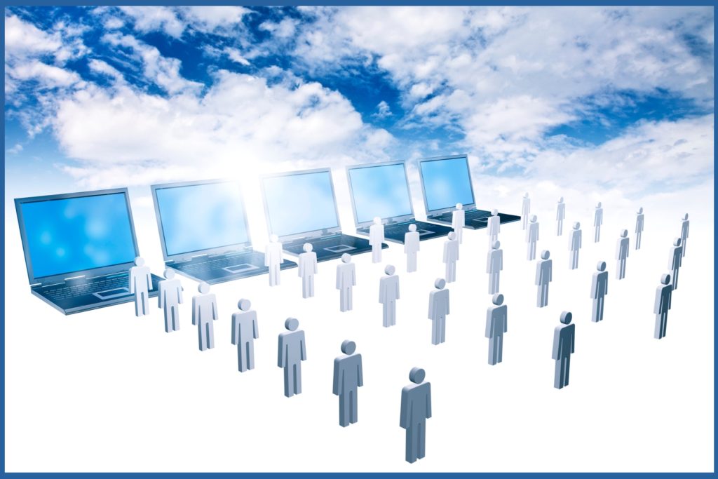 Image of lead icons standing in line in front of a notebook computer.