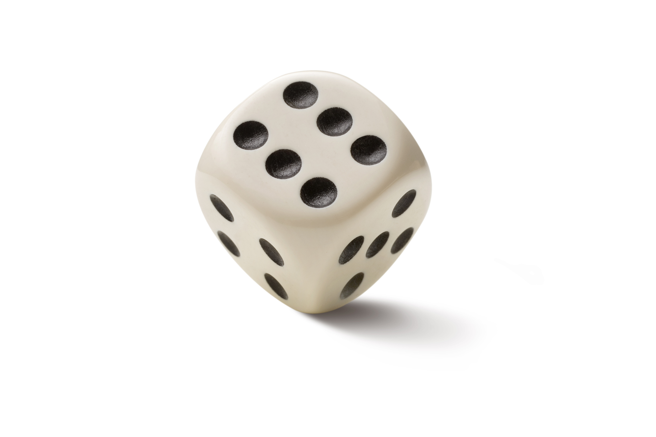 Six dots showing on a single die from a set of dice.