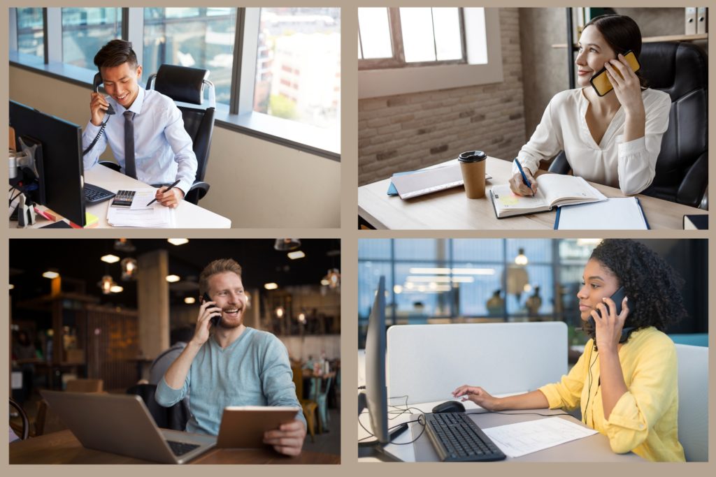 Collage of four business professionals reaching out and speaking on the phone.