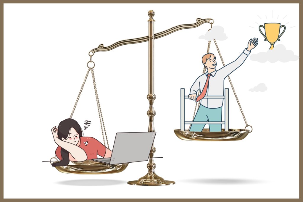 Illustration of a scale, with a high-performer on the right, reaching for a trophy, while the left, a mediocre sales professional settling for the status quo.