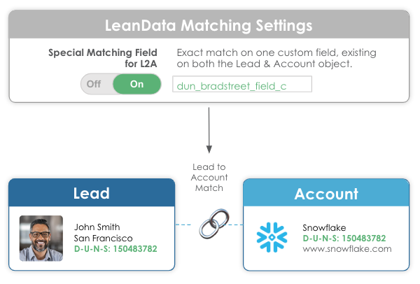 Image showing a lead-to-account match based on a custom field of DUNS number. 
