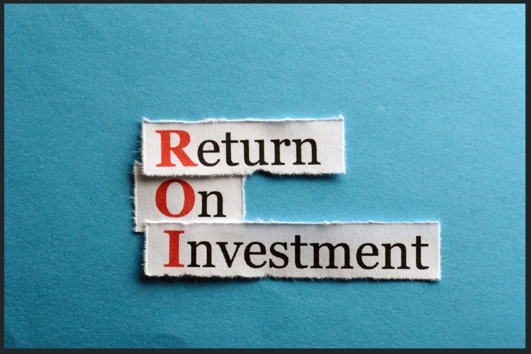 the words return on investment stacked on top of each other with a blue background