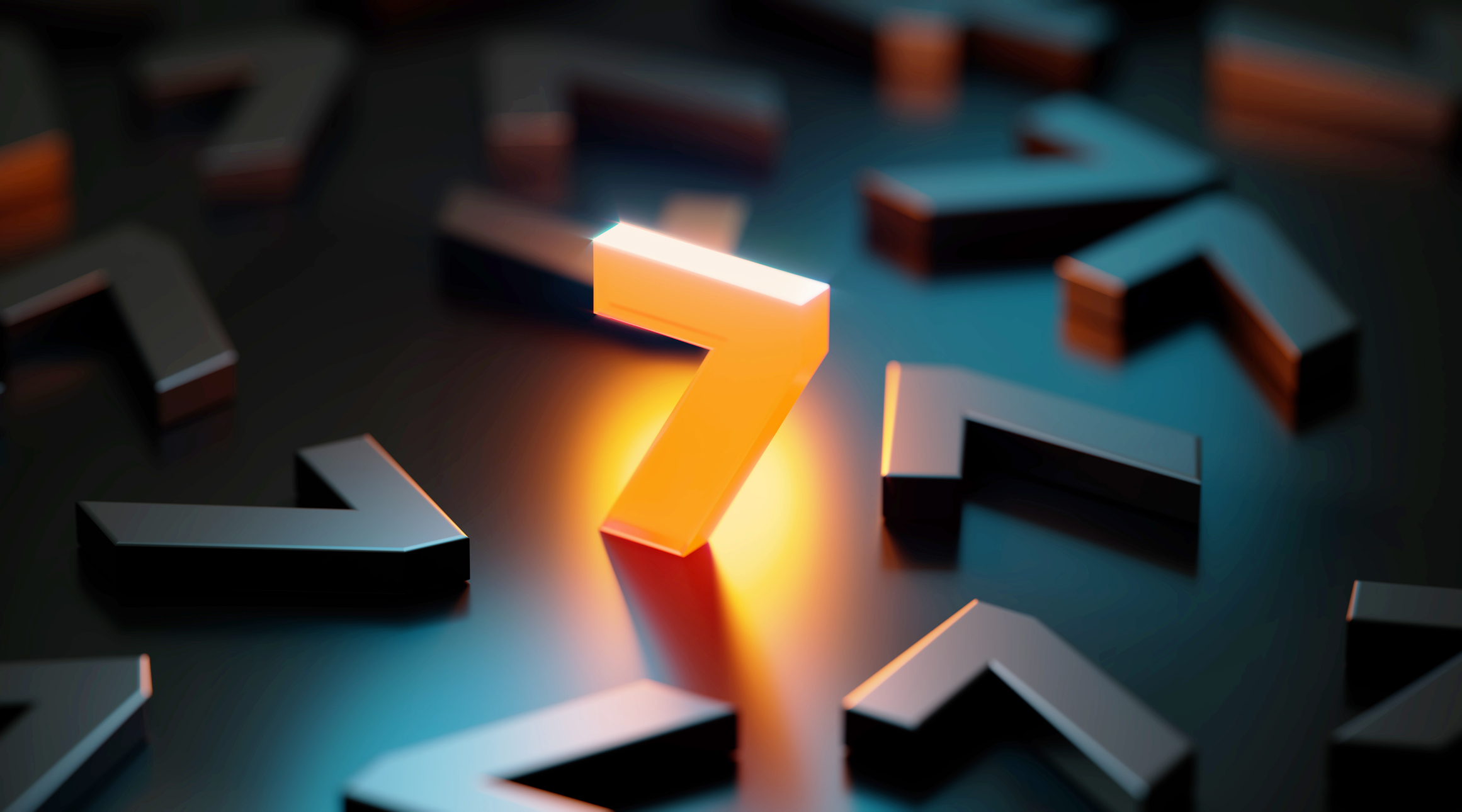Yellow number seven glowing amid black number sevens on black background.