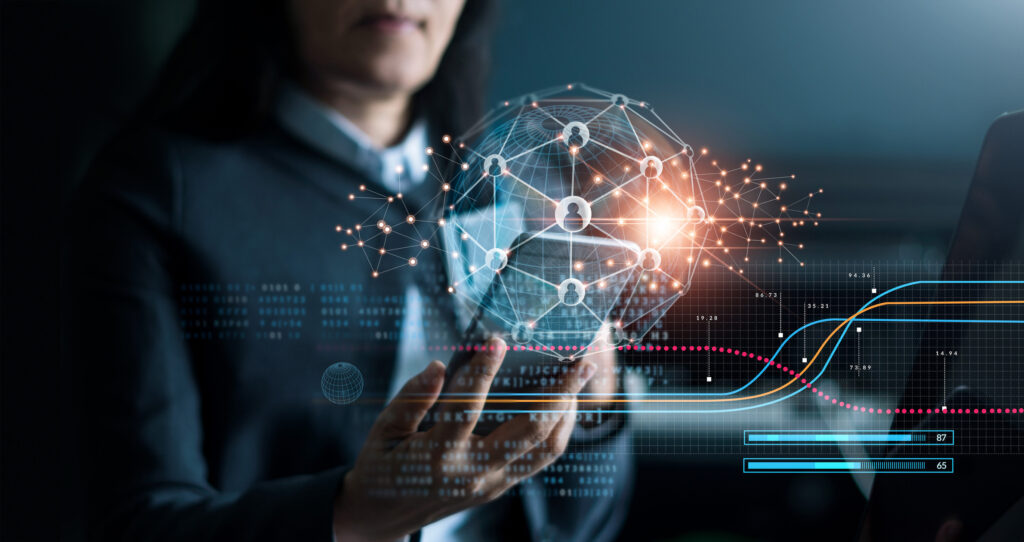 Business woman using mobile smartphone with numerous digital interconnections.
