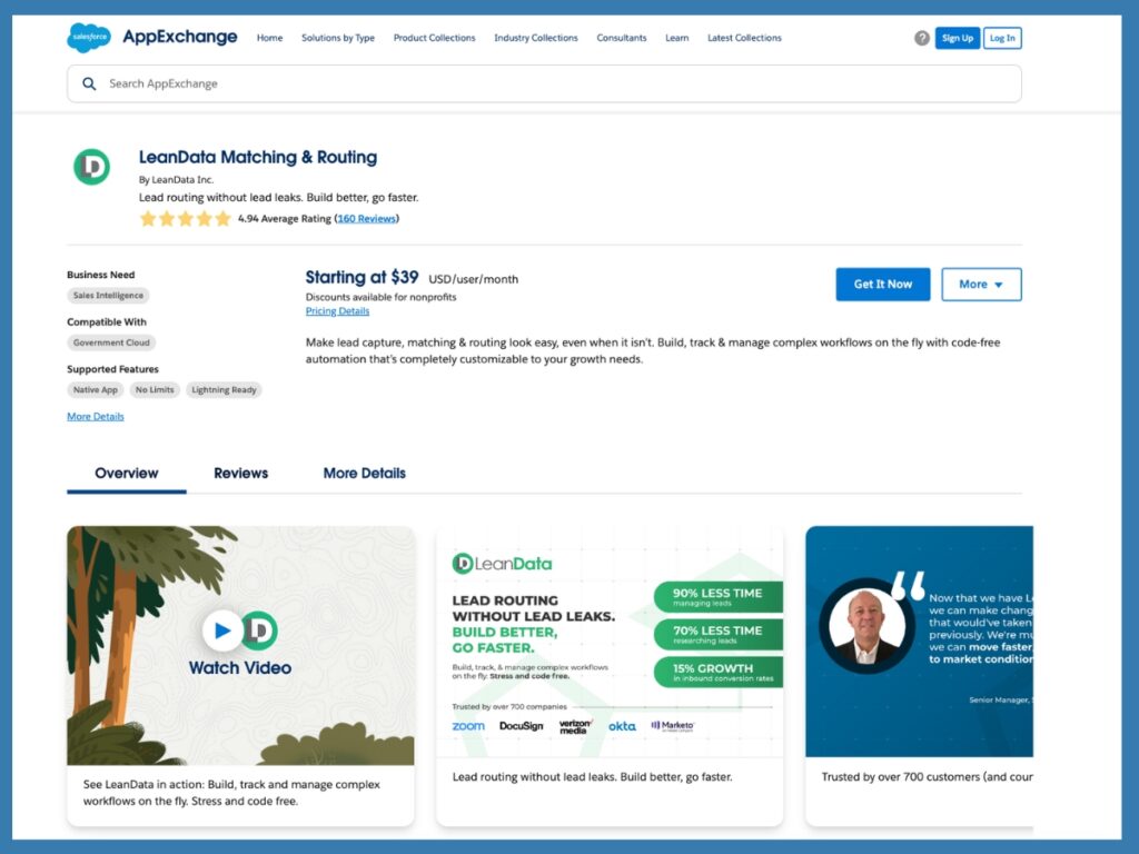 Image of the LeanData Lead-to-Account Matching & Routing page on the Salesforce AppExchange.