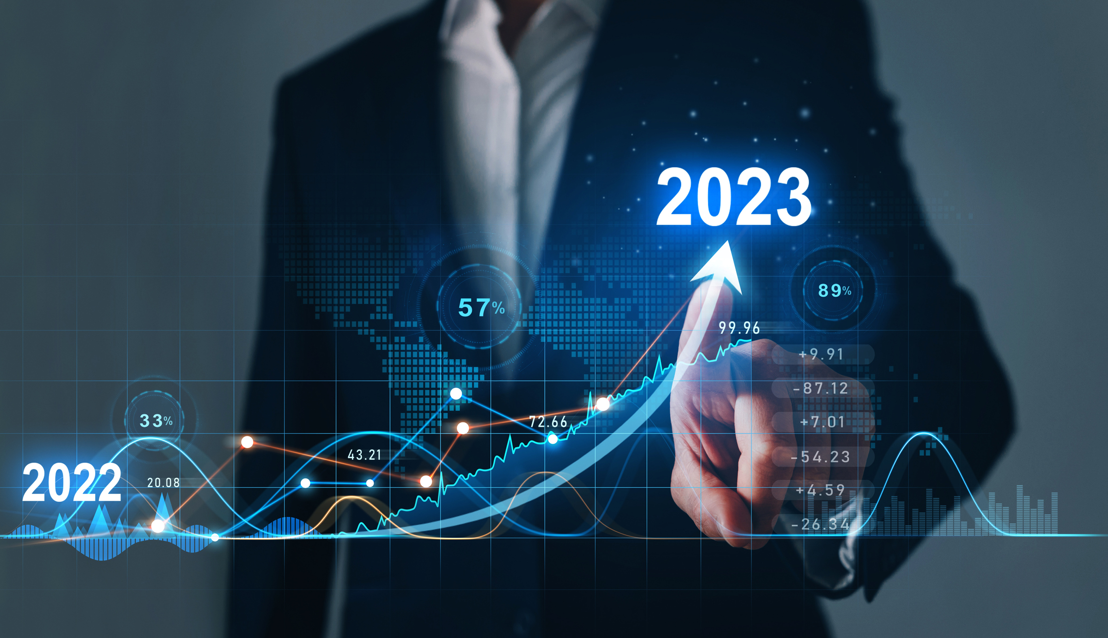 Businessperson draws increase arrow graph corporate future growth year 2022 to 2023.