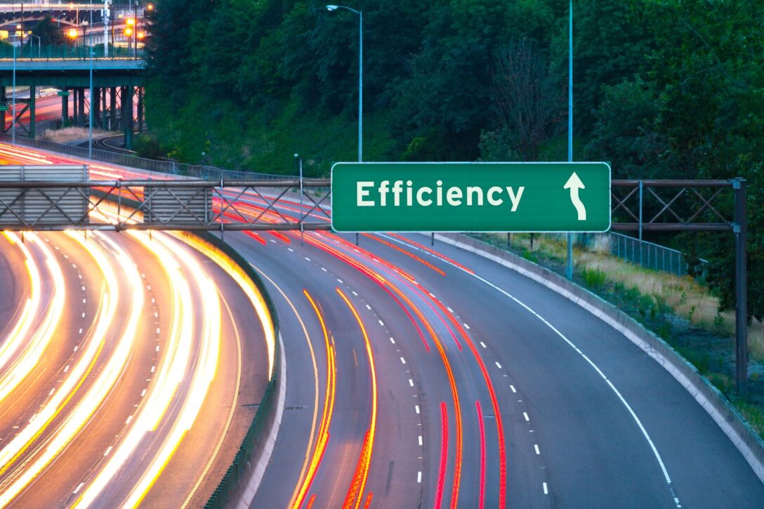 photo of a freeway sign with the word efficiency on it