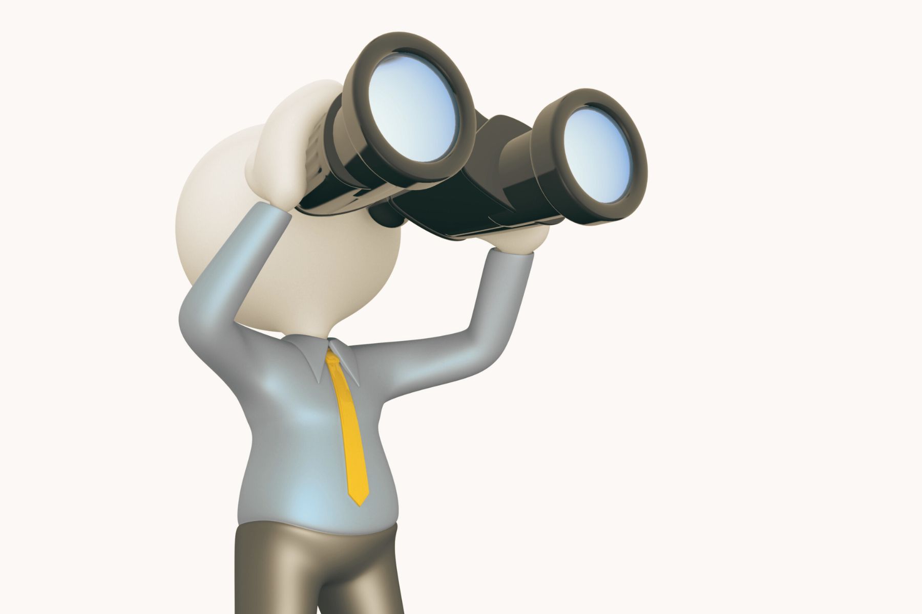 White human figure dressed in a shirt and tie and looking through binoculars