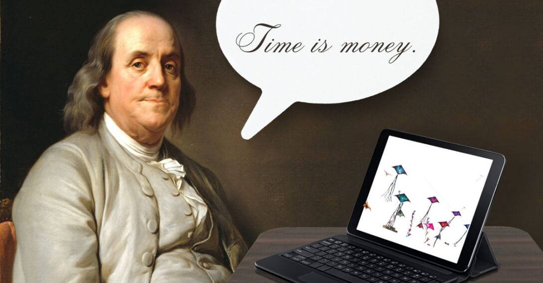 Benjamin Franklin sitting at a laptop computer saying "Time is Money"