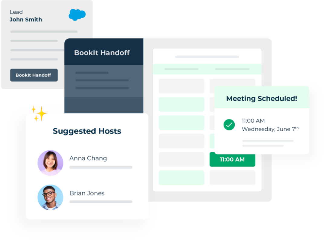 white, blue, and green rectangles with people, dates, and times to represent automated meeting scheduling