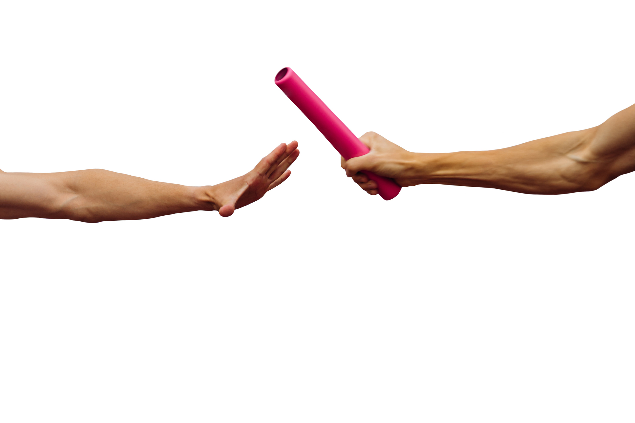 A track and field relay race baton is passed from one hand to another.