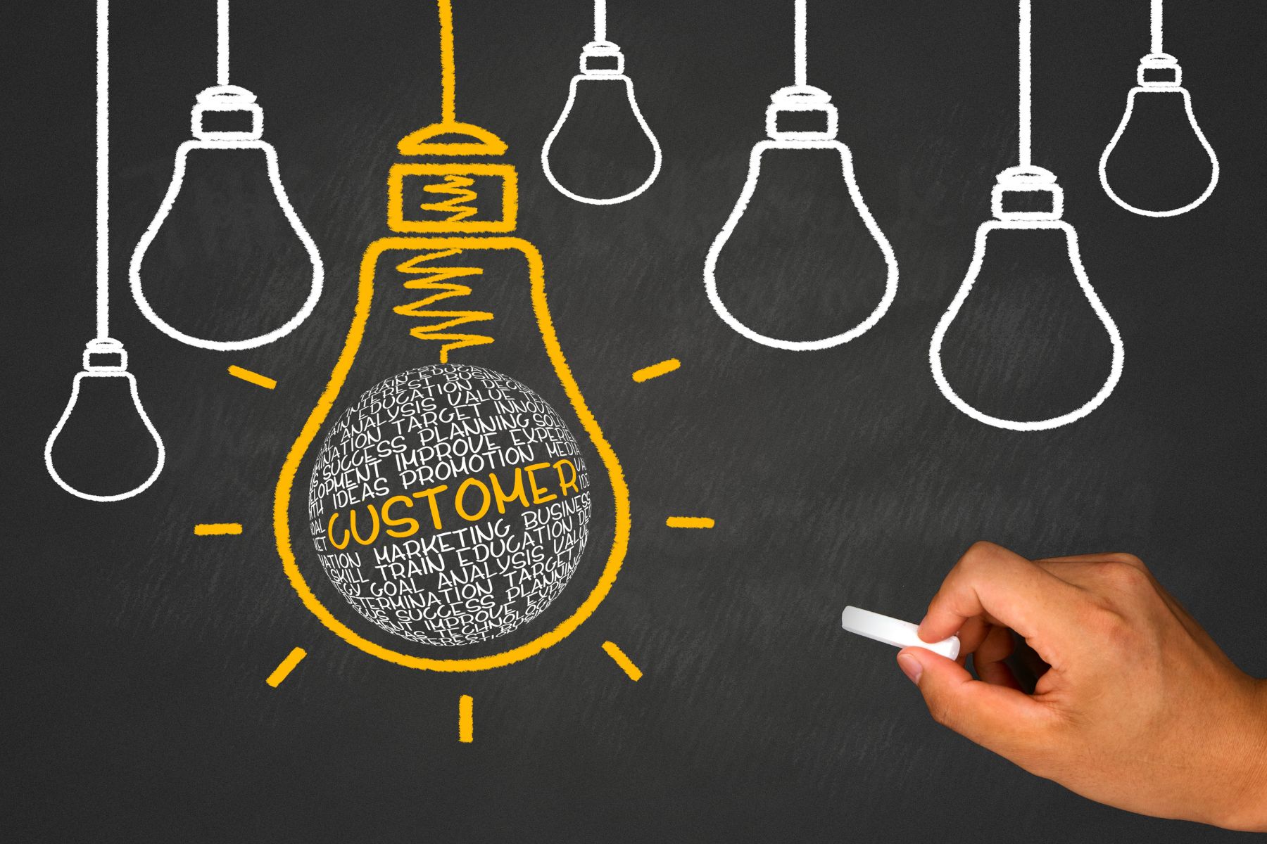 lightbulbs drawn in chalk on a chalkboard with the word customer in one lightbulb