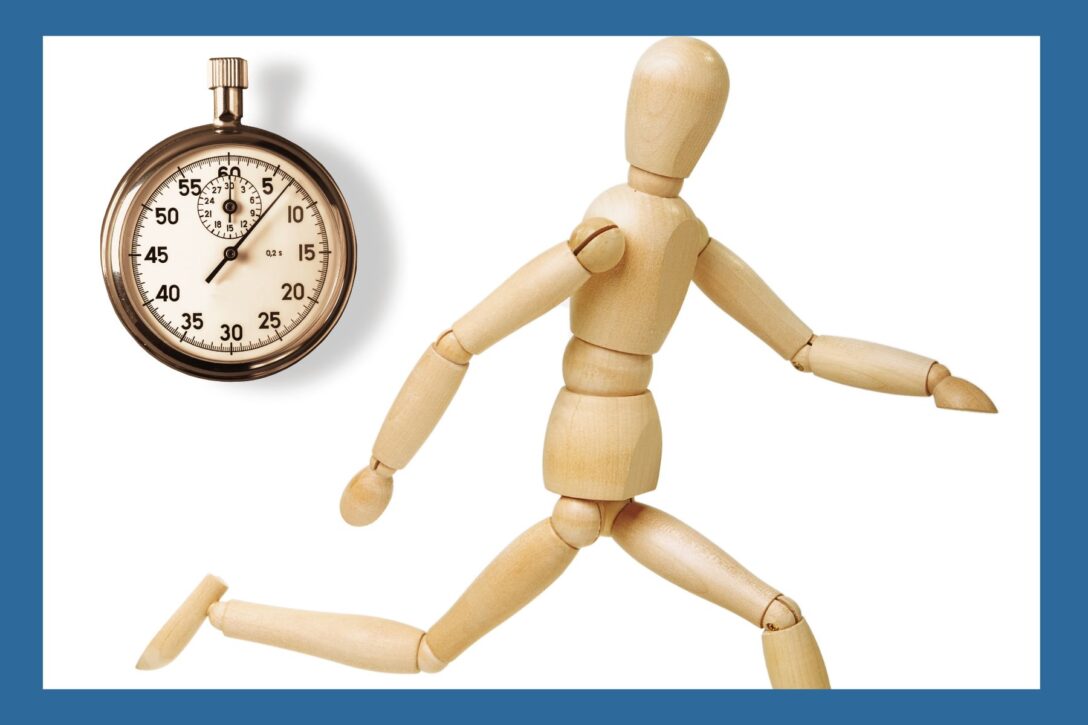 Stopwatch with wooden figure running representing speed to lead