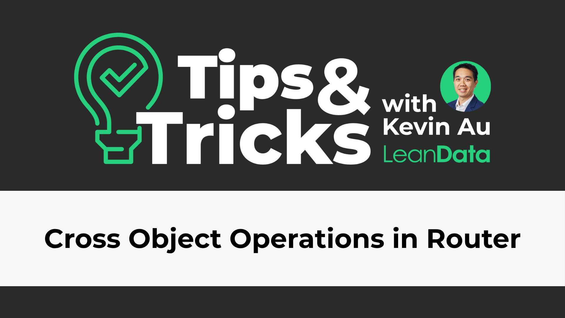 a rectangle with a green lightbulb and a leandata tips and tricks logo