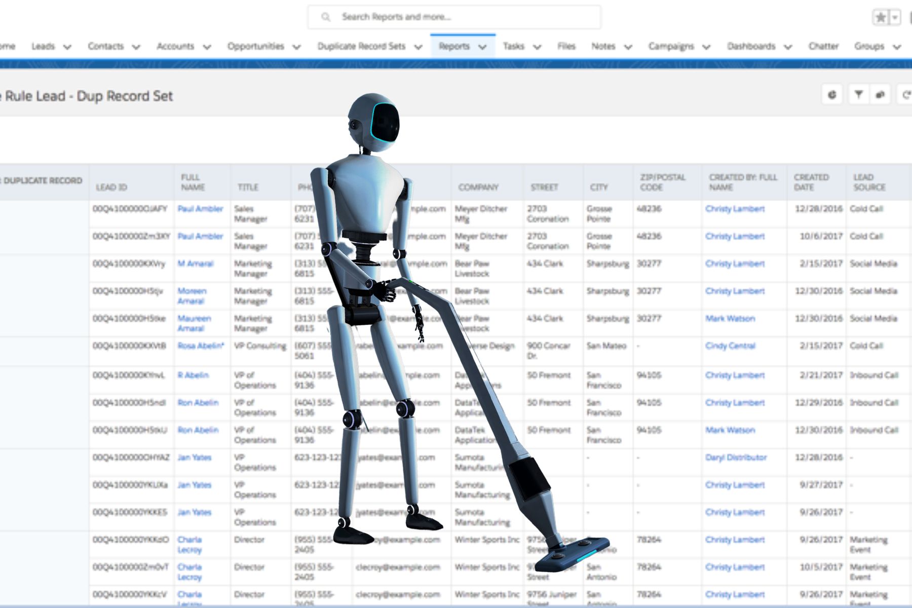 Robot housekeeper cleaning a Salesforce instance with a vacuum