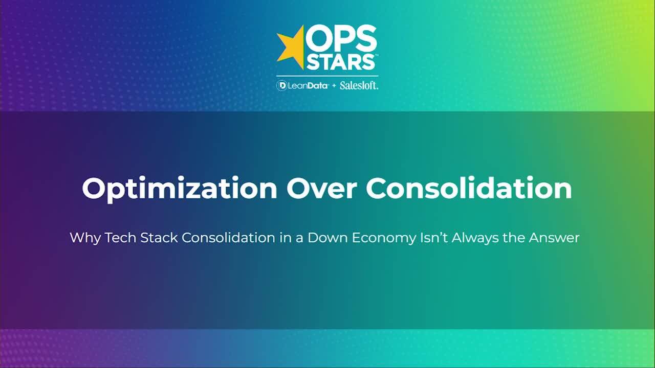 A blue and green gradient rectangle with the words Optimization over Consolidation from the OpsStars 2023 conference