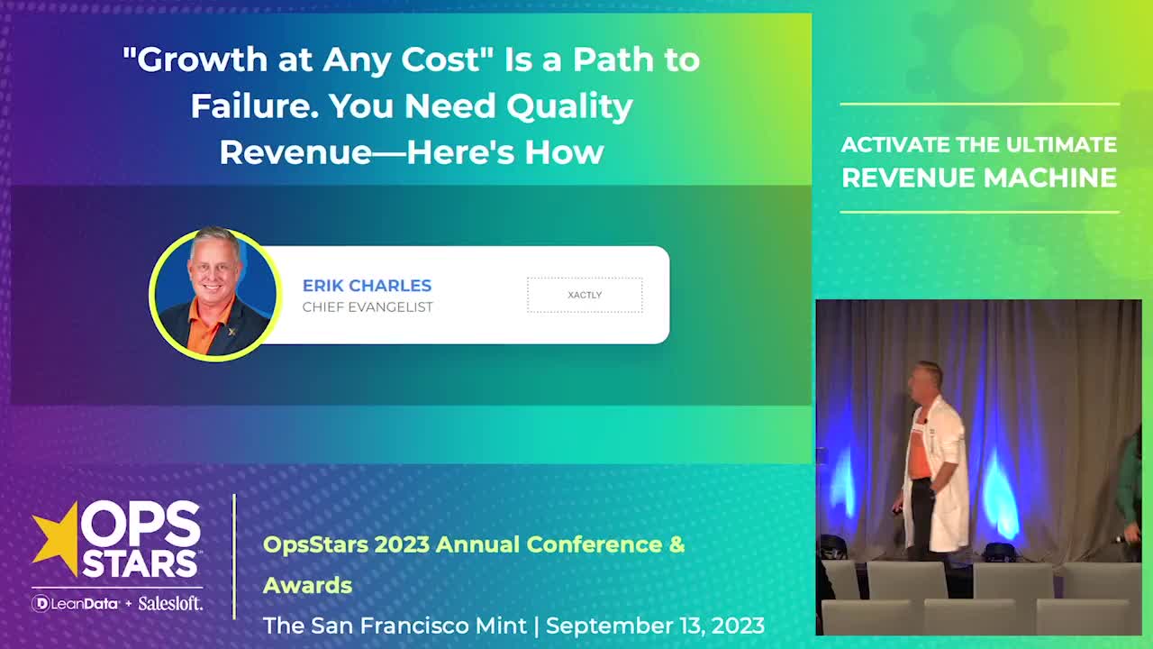 A blue and green gradient rectangle with an image of one speaker from the OpsStars 2023 conference