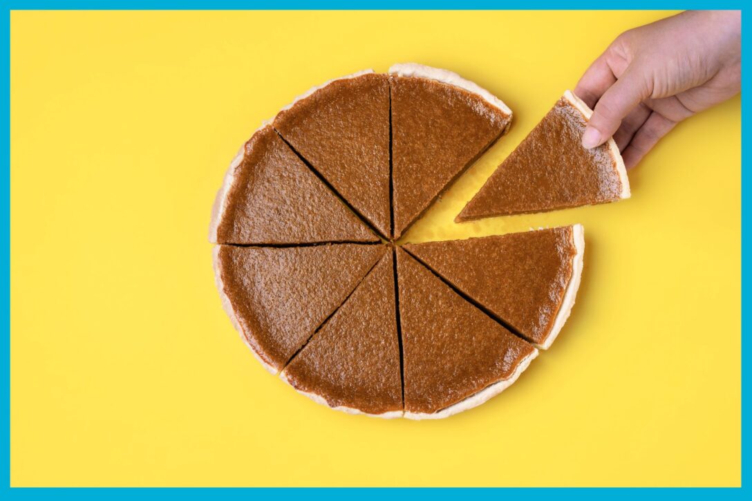 a pumpkin pie cut into eight equal pieces on a yellow background