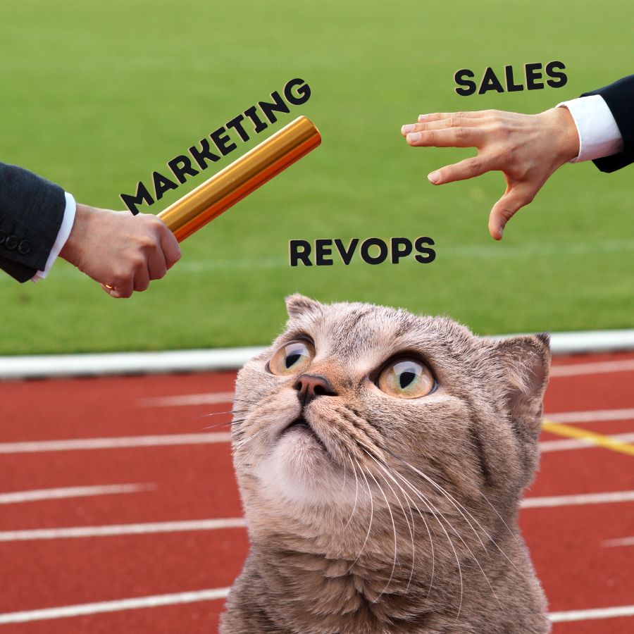 Relay race where marketing and sales pass a baton while a RevOps cat watches them