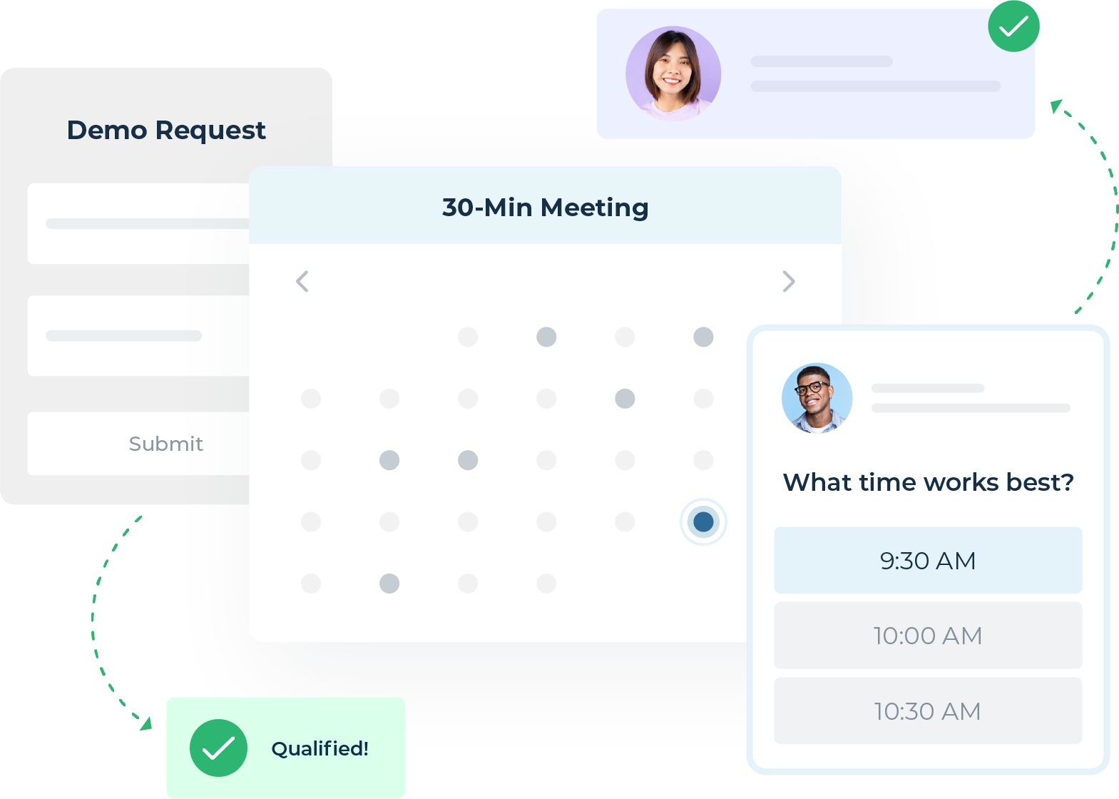 small white and grey rectangles representing automated meeting scheduling forms on a website