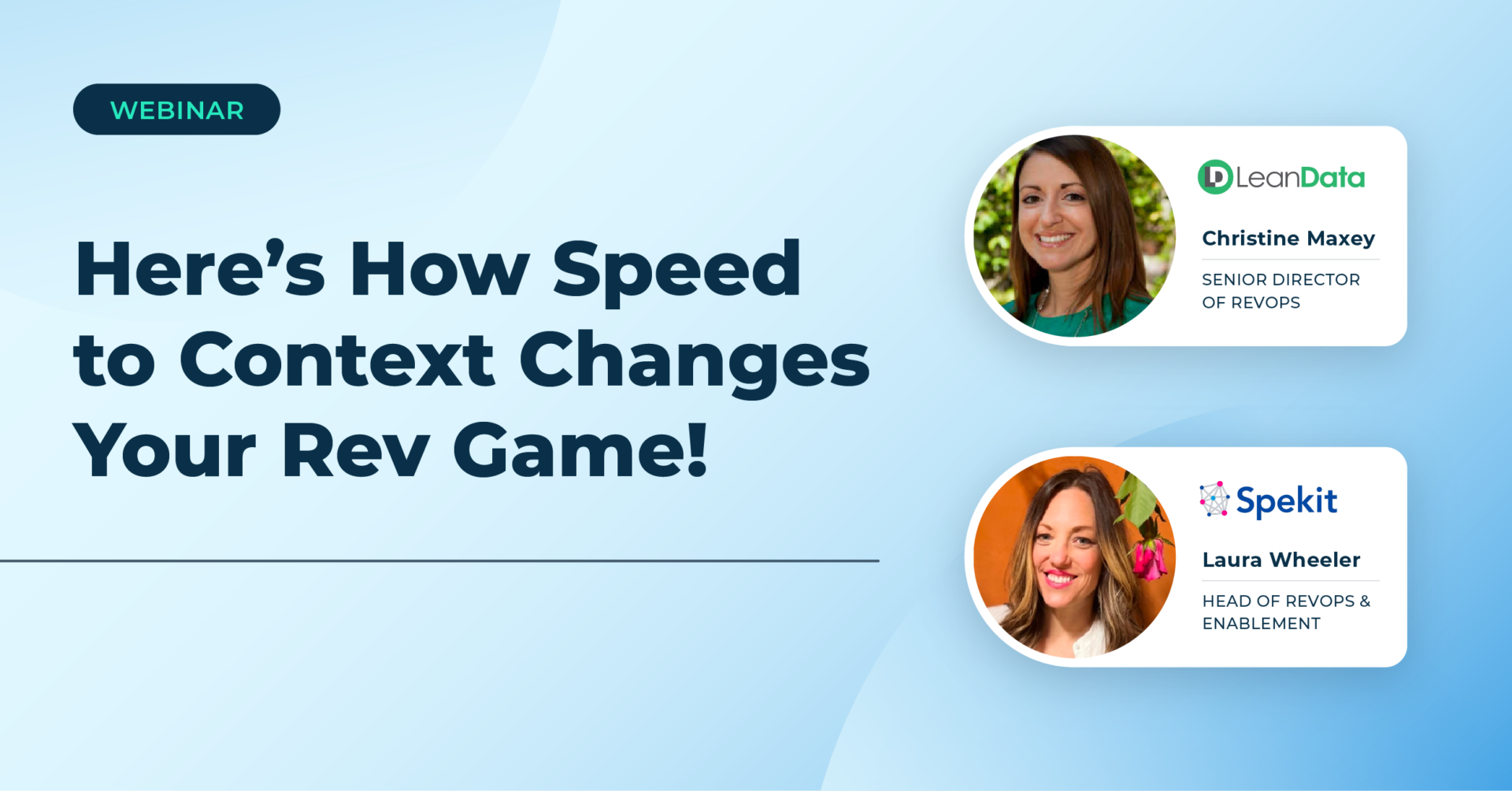 A light blue rectangle with two headshots of female working professionals speaking at a LeanData webinar