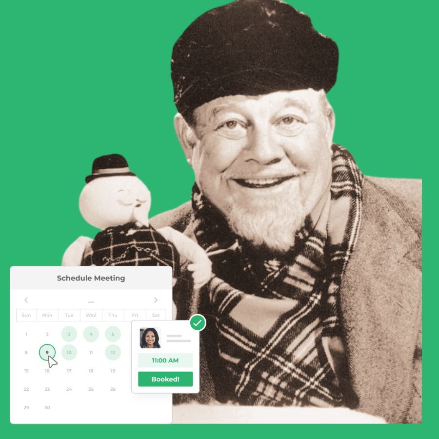 Photo of Burl Ives, a snowman, and a LeanData BookIt scheduling tool