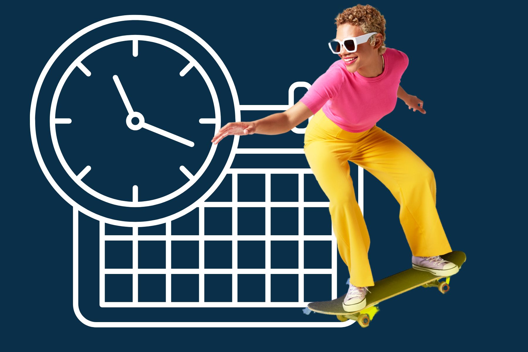 woman on a skateboard smiling above a calendar with a clock
